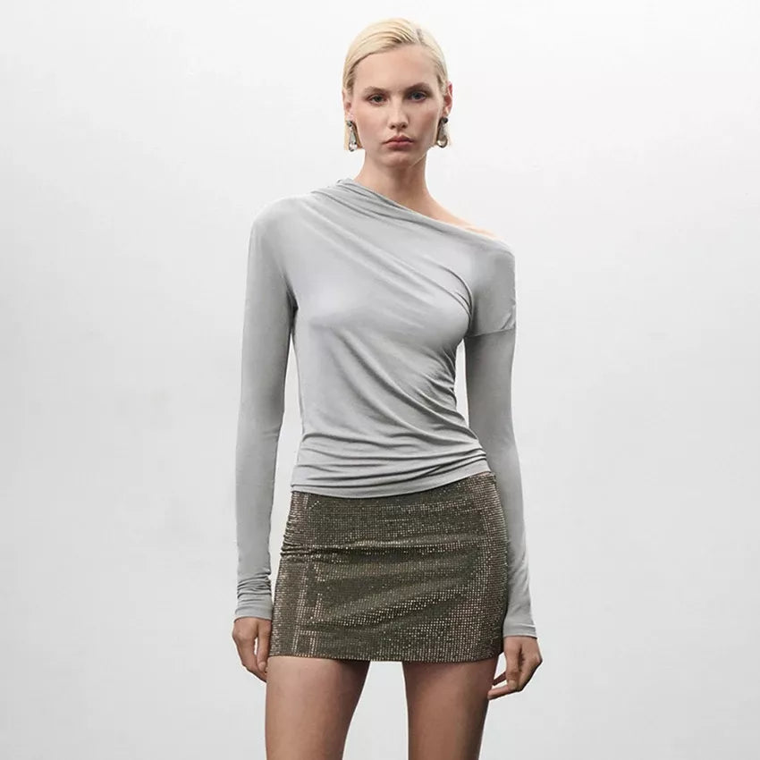 Polyester T-ShirtsGrey Asymmetrical Collar Ruched Tee