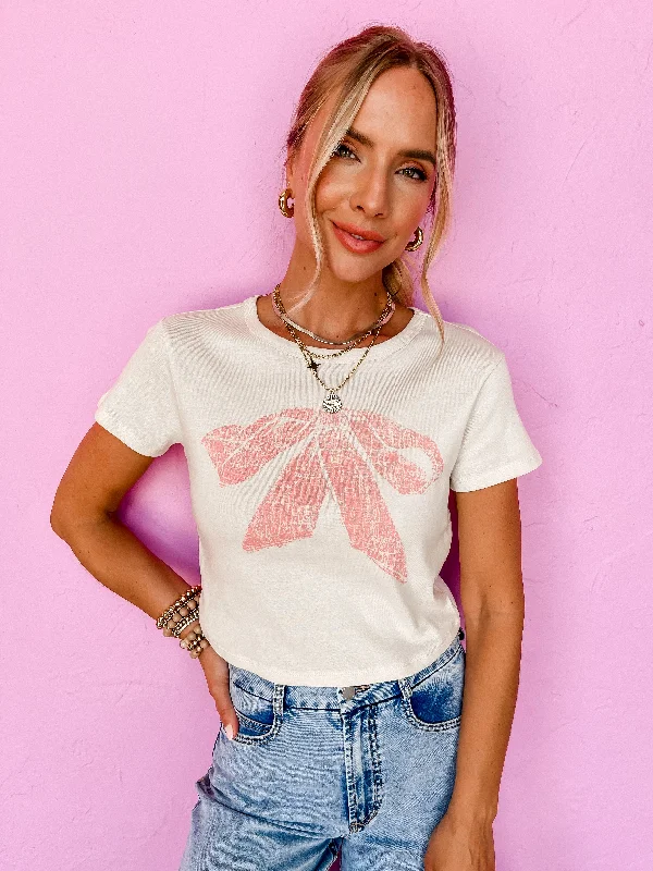 Fringed T-Shirts[Girl Dangerous] Pink Bow Graphic Baby Tee