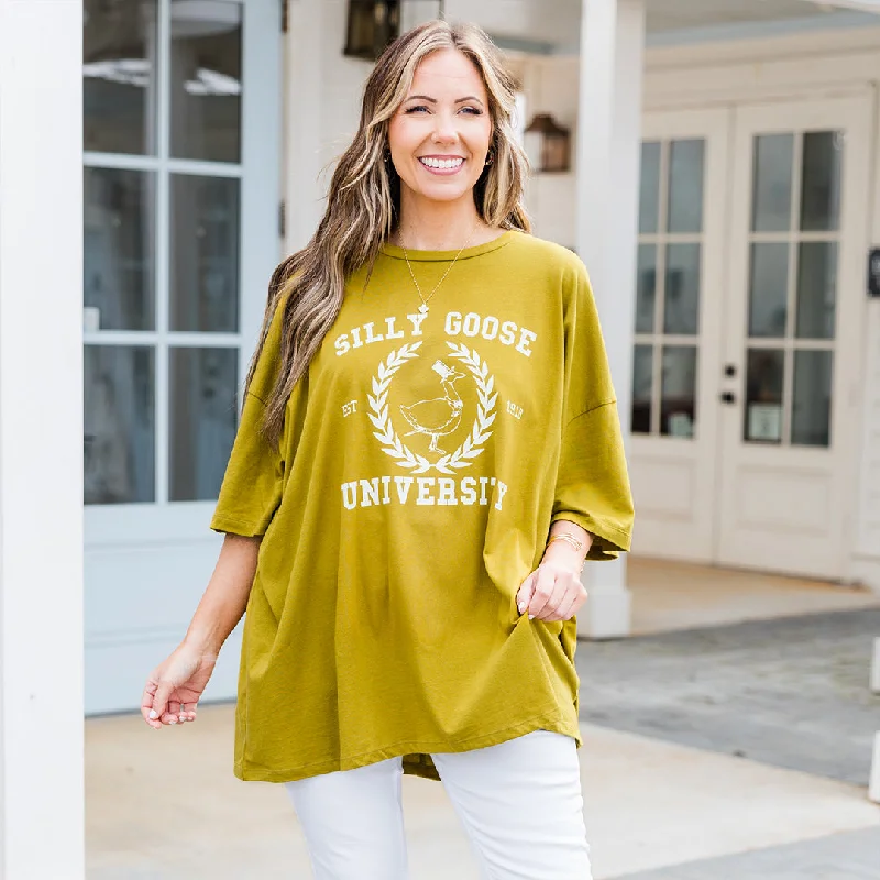 Lace-Up T-ShirtsSilly Goose University Boyfriend Tee, Olive Mustard