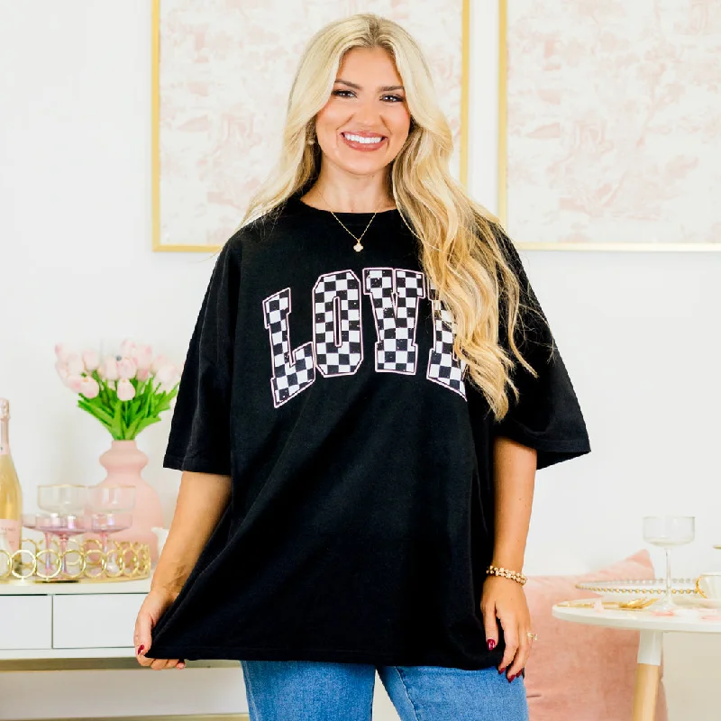 Fringed T-ShirtsLove in Check Boyfriend Tee, Black