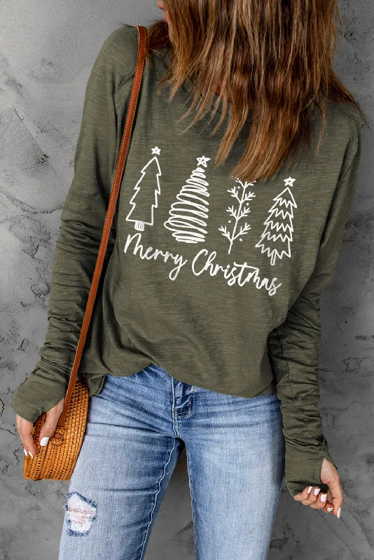 Casual T-ShirtsMerry Christmas Trees Thumbhole Sleeve Graphic Tee