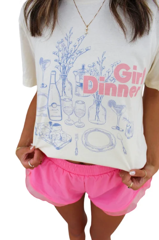 Blended Fabric T-ShirtsGirl Dinner Graphic Tee Top In Ivory