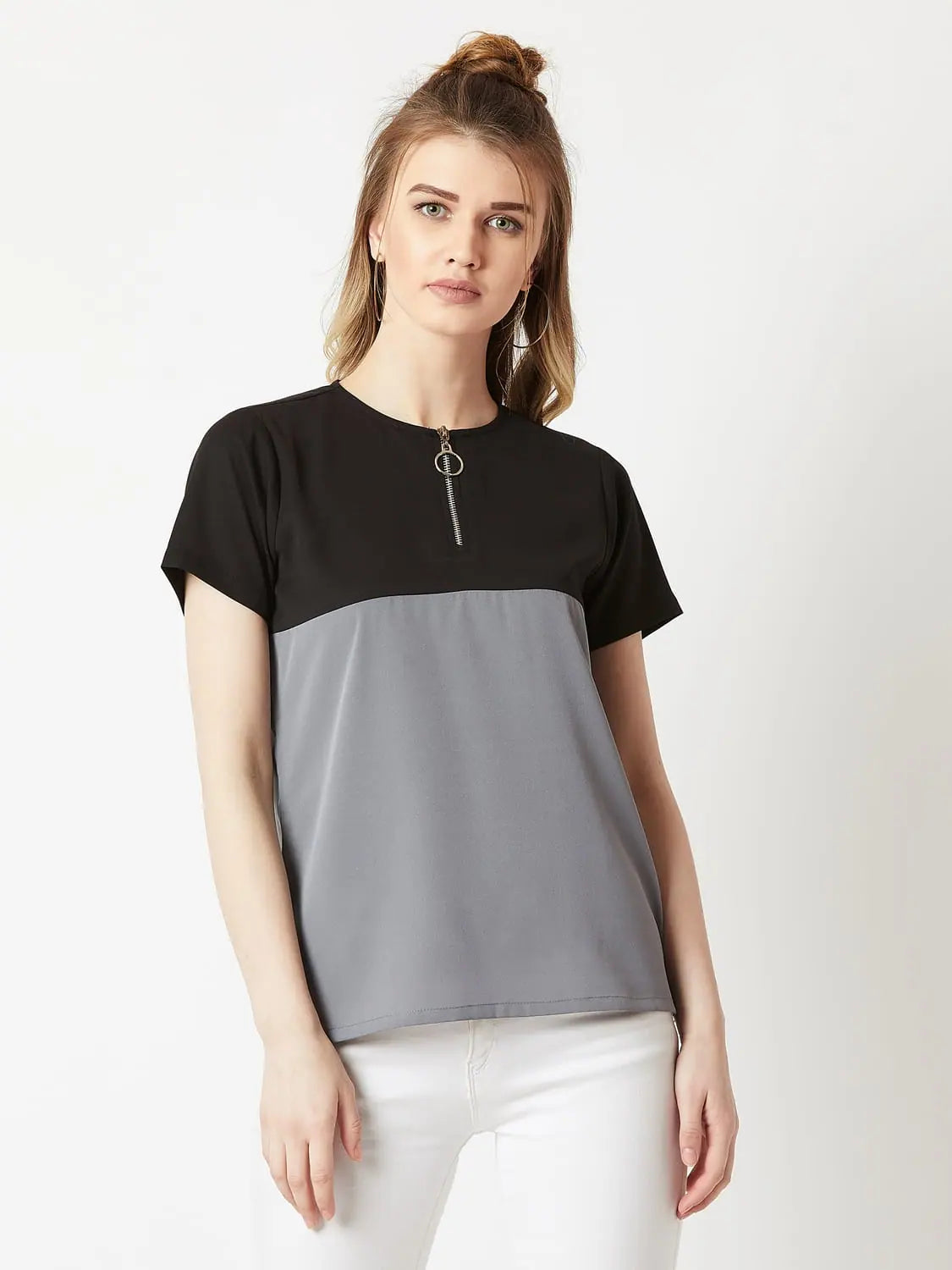 Striped T-ShirtsMade Your Own Label Colour Block Black and Steel Grey Top