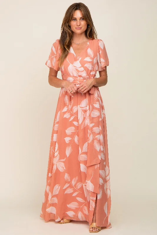 VNeckTopCoreSalmon Leaf Print Chiffon V-Neck Front Slit Dress