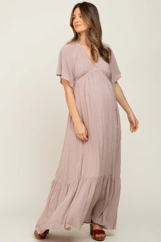 VNeckTopKrakenTaupe V-Neck Flounce Sleeve Maternity Maxi Dress