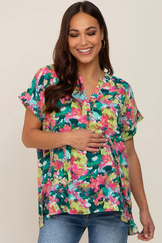 VNeckTopPearlMulti-Color Split V-Neck Short Sleeve Maternity Top