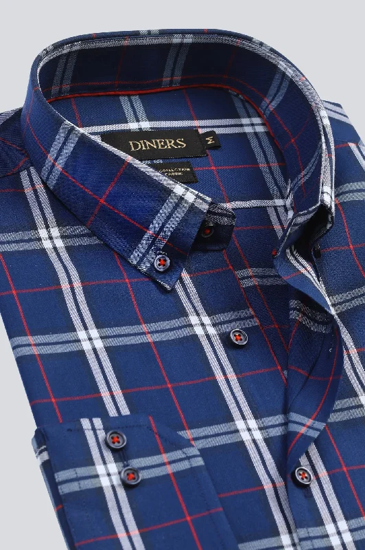 Dark Blue Tattersall Check Casual ShirtFitted Shirts