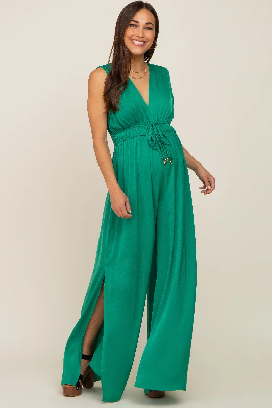 VNeckTopQuartzGreen Satin V-Neck Side Slit Maternity Jumpsuit