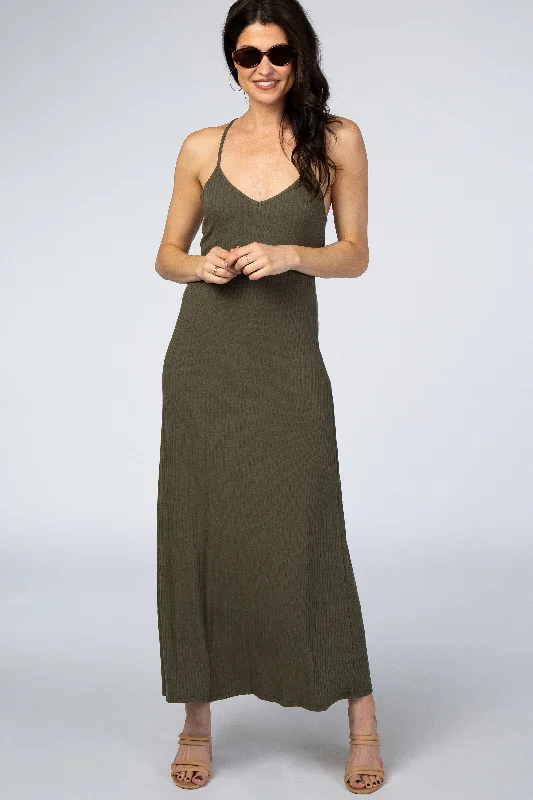 VNeckTopNebulaOlive Ribbed V-Neck Maxi Dress