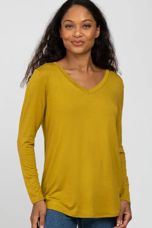 VNeckTopCentaurYellow V-Neck Round Hem Long Sleeve Top