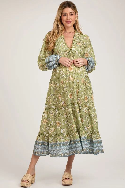 VNeckTopPegasusLight Green Floral Deep V-Neck Long Sleeve Maternity Midi Dress