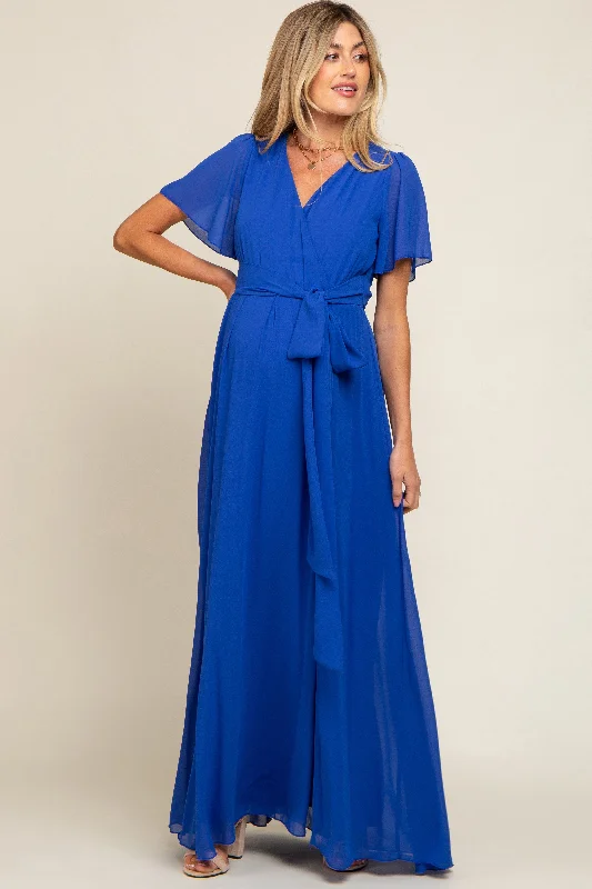 VNeckTopPinnacleRoyal Blue Chiffon Short Sleeve Wrap V-Neck Front Slit Maternity Maxi Dress