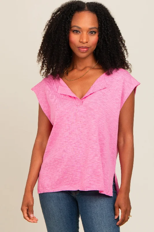 VNeckTopFusionPink Two Tone Split V-Neck Dolman Short Sleeve Top