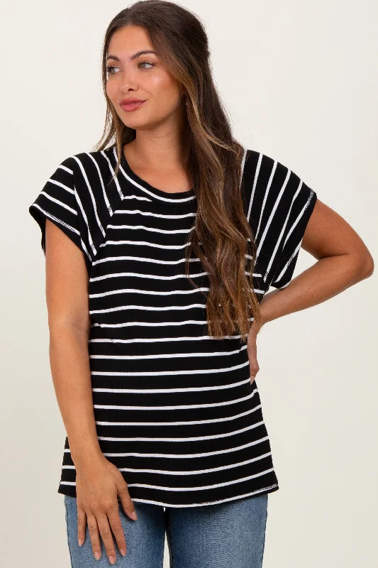 Black Stripe Ribbed Short Sleeve Maternity Tunic TopSports Team Short Sleeve Tops