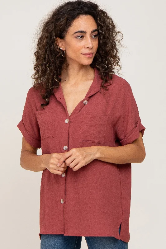 Burgundy Collared Button-Down Short Sleeve BlouseOutdoor Short Sleeve Tops