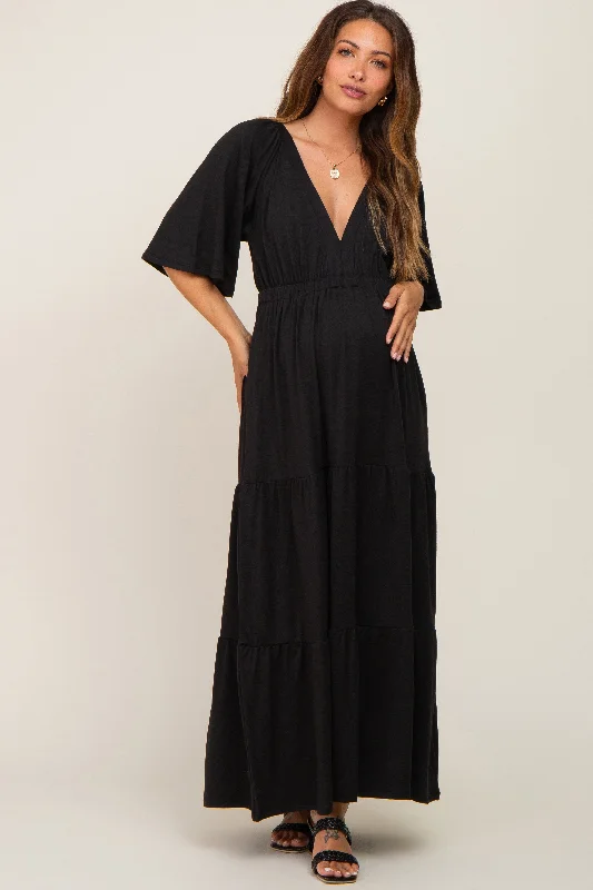 VNeckTopGalaxyBlack Deep V-Neck Tiered Maternity Maxi Dress