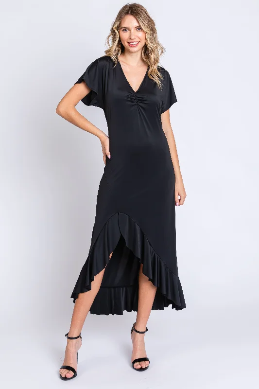 VNeckTopMesaBlack V-Neck Ruffle Hi-Low Midi Dress