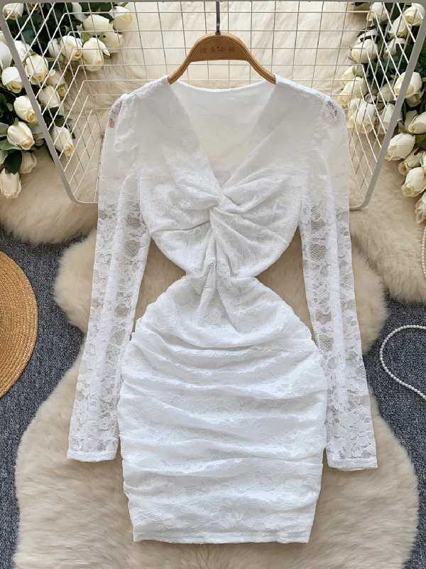 VNeckTopPearlDeep V-Neckline Knotted White Lace Dress