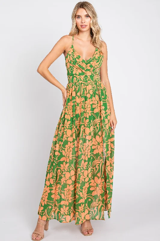 VNeckTopEmeraldGreen Floral Chiffon Pleated V-Neck Sleeveless Maxi Dress