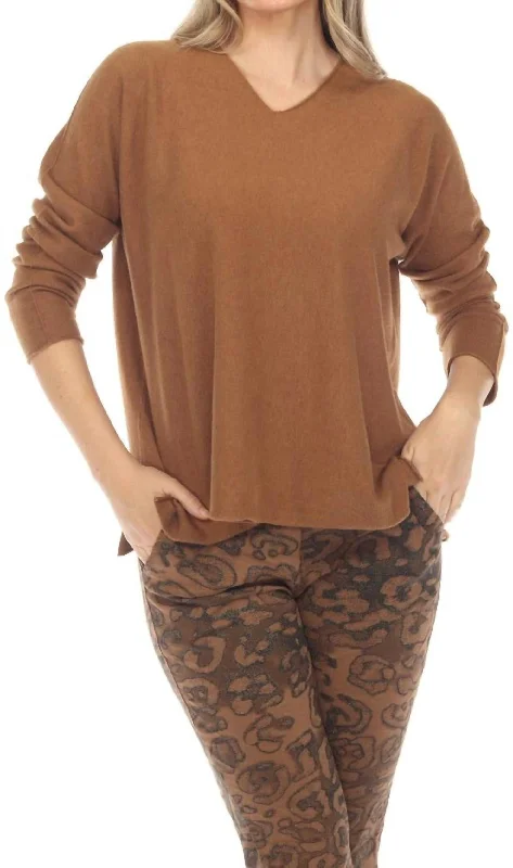 VNeckTopShiftSolid V-Neck Shimmer Sweater In Camel