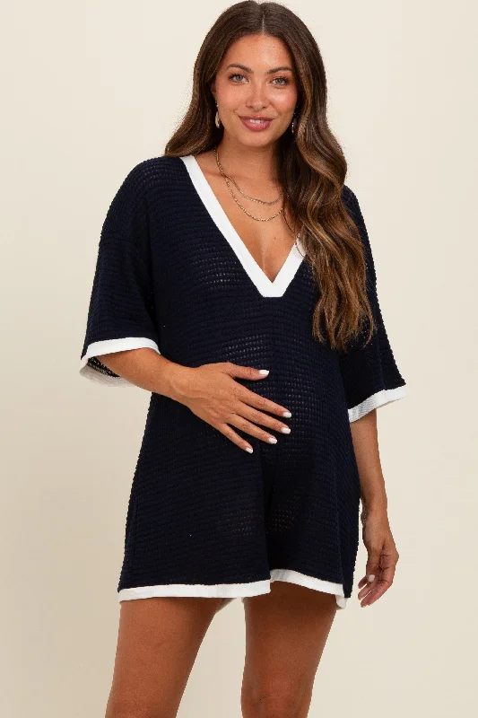 VNeckTopGoldNavy Knit Contrast Trim Deep V-Neck Maternity Romper