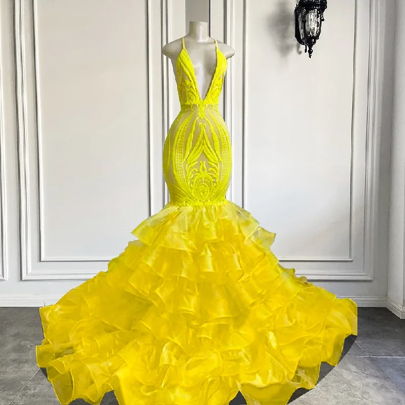 VNeckTopQuartzSexy V-neck Mermaid Ruffle Yellow Organza Sparkly Sequin Long Prom Dress