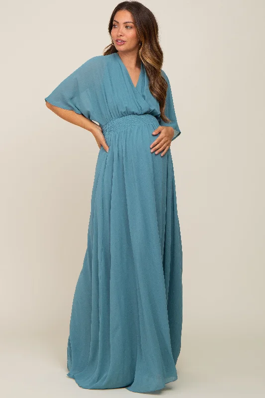 VNeckTopGladiatorTurquoise Chiffon V-Neck Smocked Waist Maternity Maxi Dress