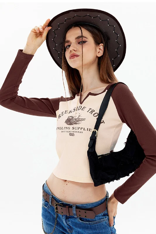 Crew Neck Printed Patchwork Crop TopCrewneckbrand