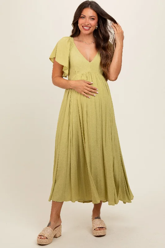 VNeckTopTideLight Olive V-Neck Flutter Short Sleeve Maternity Midi Dress