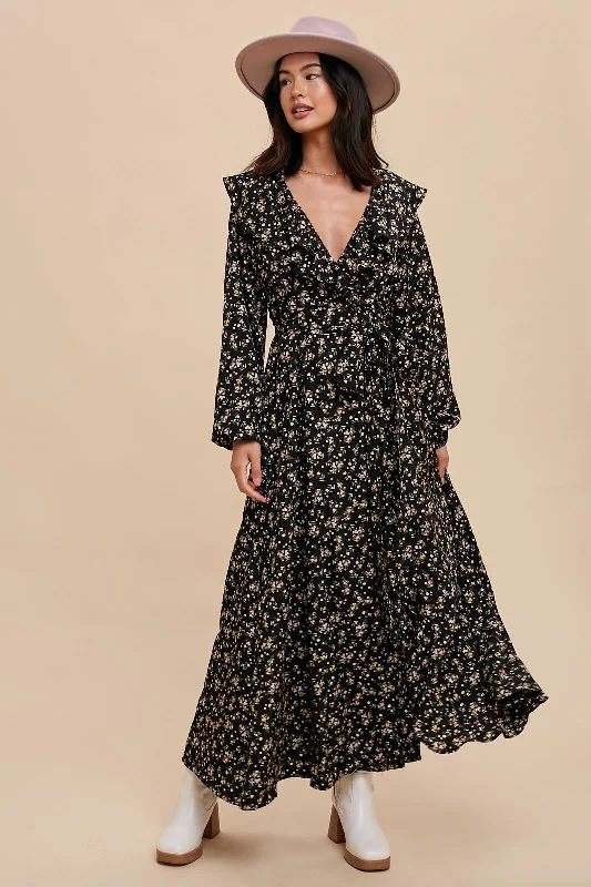 VNeckTopLiteBlack Floral Ruffle V-Neck Wrap Front Maxi Dress