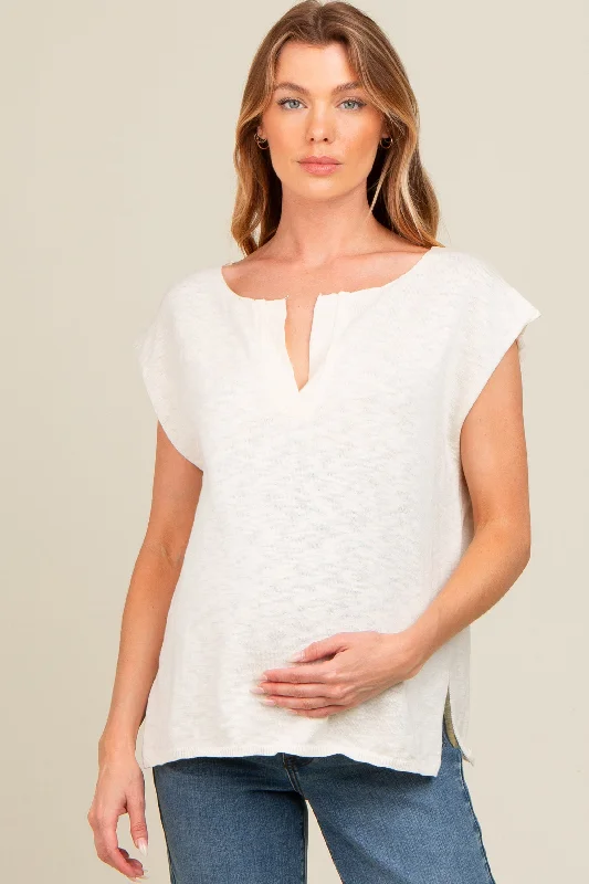 VNeckTopVibeIvory Two Tone Split V-Neck Dolman Short Sleeve Maternity Top