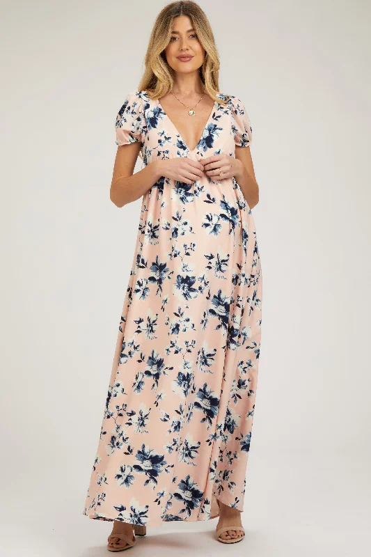 VNeckTopHaloLight Pink Floral V-Neck Puff Sleeve Maternity Maxi Dress