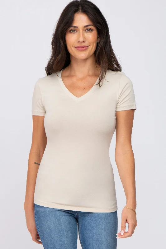 VNeckTopAquaBeige V-Neck Short Sleeve Top