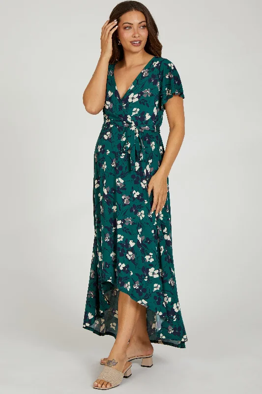 VNeckTopAmberForest Green Floral Wrap Front V-Neck Hi-Low Maternity Midi Dress