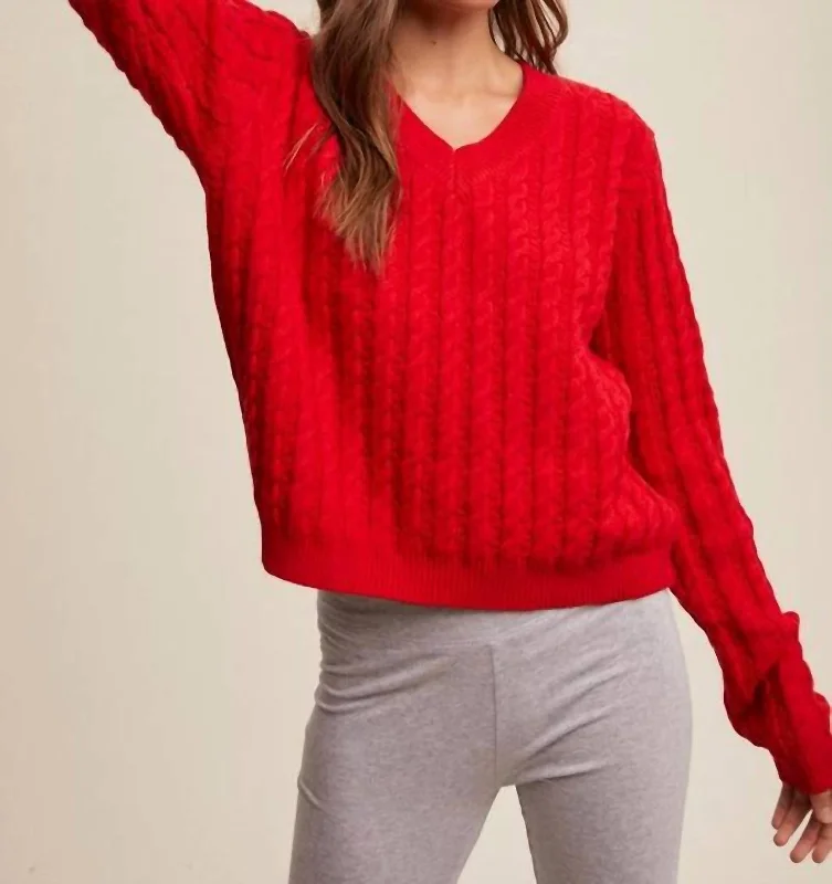 VNeckTopTideCable V-Neck Pullover Sweater In Red