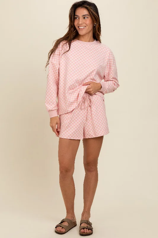 Mauve Checkered Plaid Pullover Shorts Set