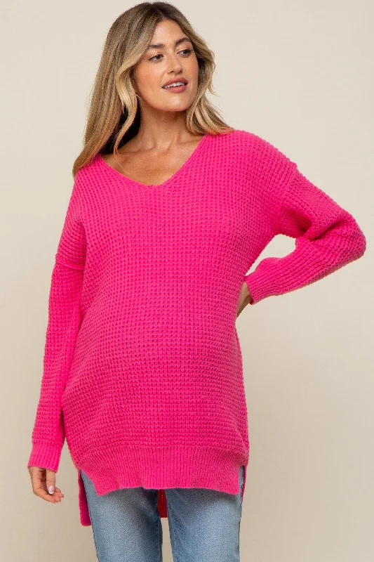 VNeckTopPrimeFuchsia Chunky Knit V-Neck Side Slit Long Maternity Sweater