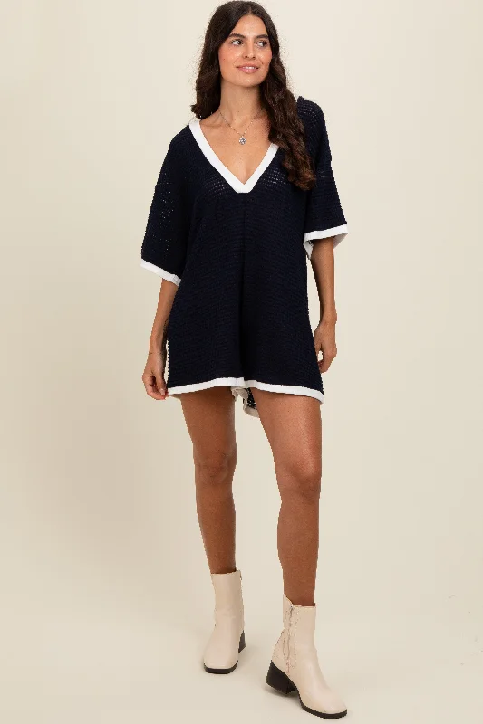 VNeckTopCentaurNavy  Contrast Trim Deep V-Neck Romper