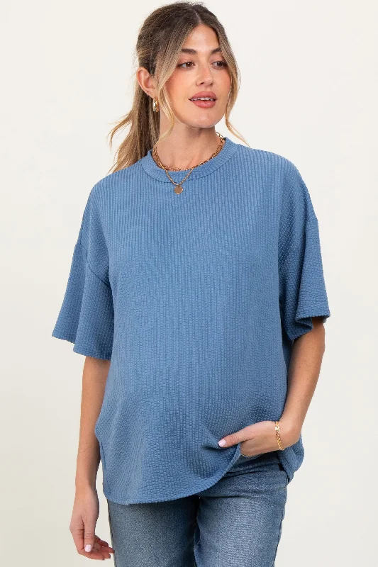 Blue Ribbed Short Sleeve Maternity TopScoop Neck Short Sleeve Tops