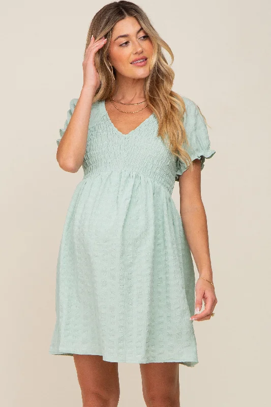 VNeckTopValkyrieMint Green Smocked Textured V-Neck Maternity Dress