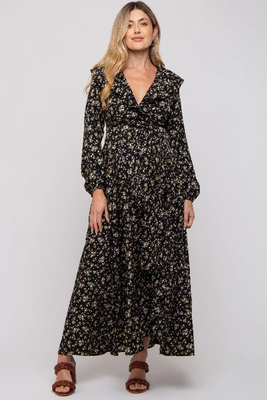 VNeckTopMaxBlack Floral Ruffle V-Neck Wrap Front Maternity Maxi Dress