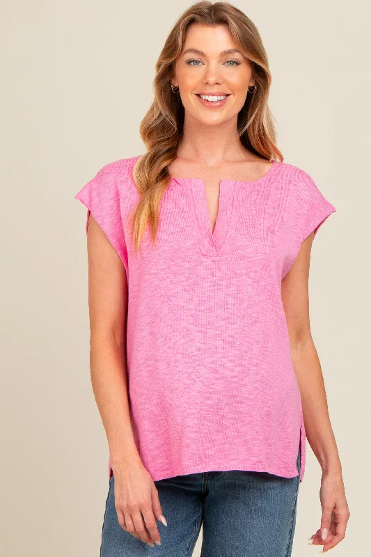 VNeckTopInfinityPink Two Tone Split V-Neck Dolman Short Sleeve Maternity Top