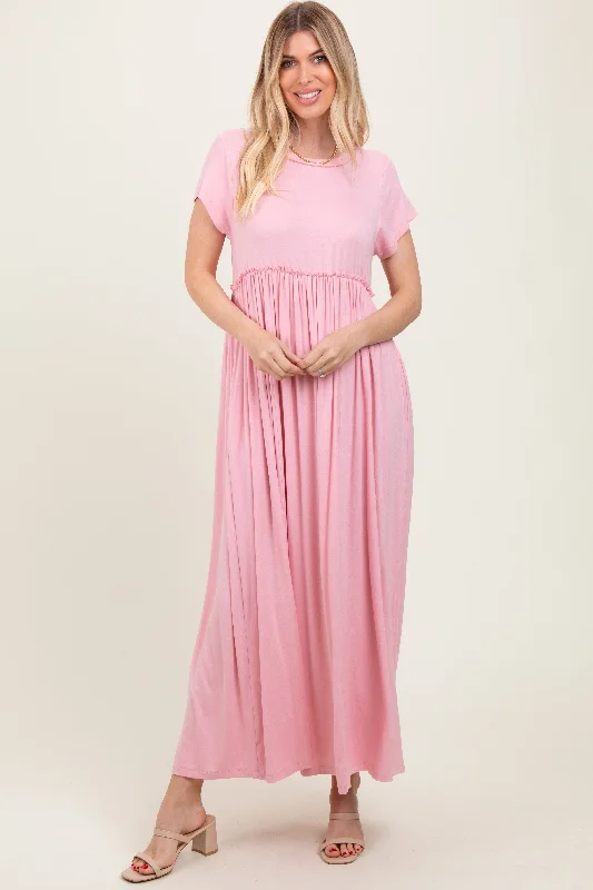 Light Pink Short Sleeve Pocketed Maxi DressWork Short Sleeve Tops