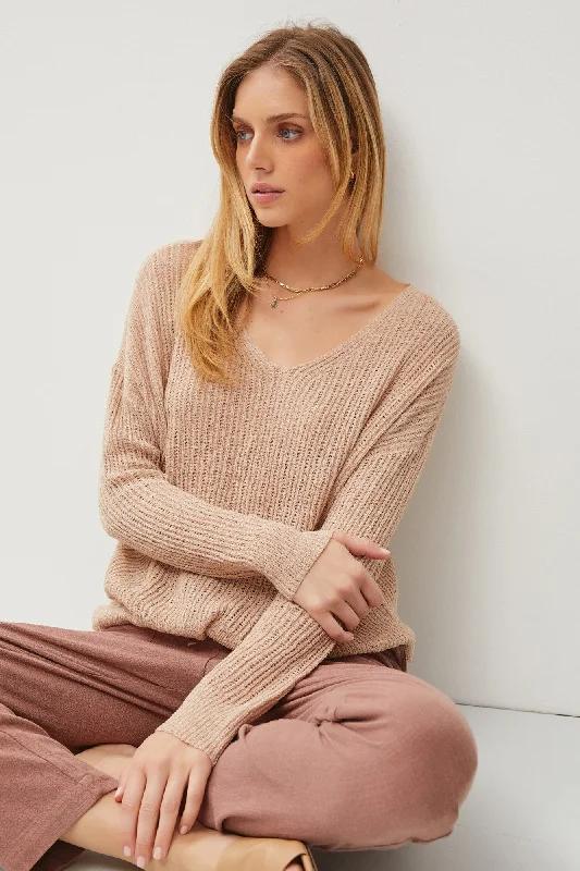 VNeckTopAdventurerBeige Knit V-Neck Long Sleeve Top