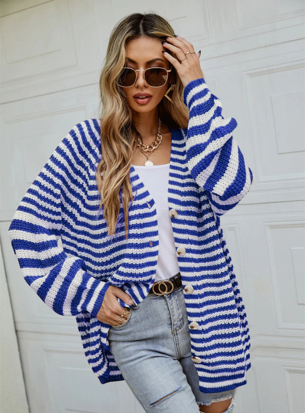 VNeckTopSilverStriped Loose Single-breasted V-neck Sweater