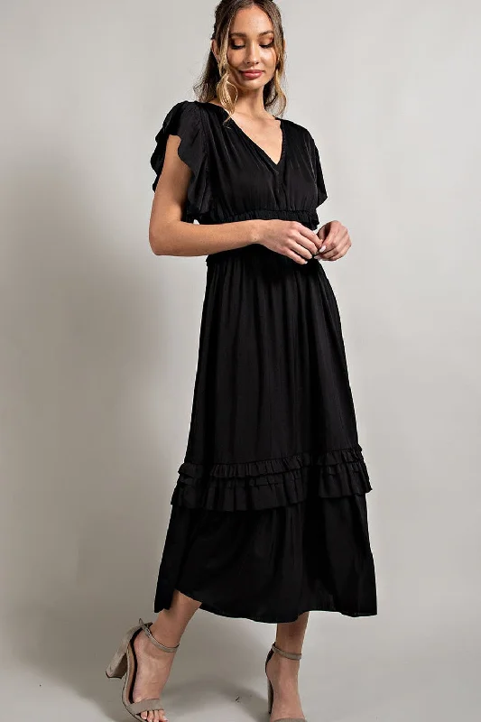 VNeckTopVikingBlack Ruffle Accent V-Neck Midi Dress