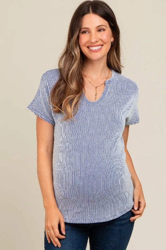 Royal Blue Ribbed Split Neckline Maternity Short Sleeve TopJersey Short Sleeve Tops