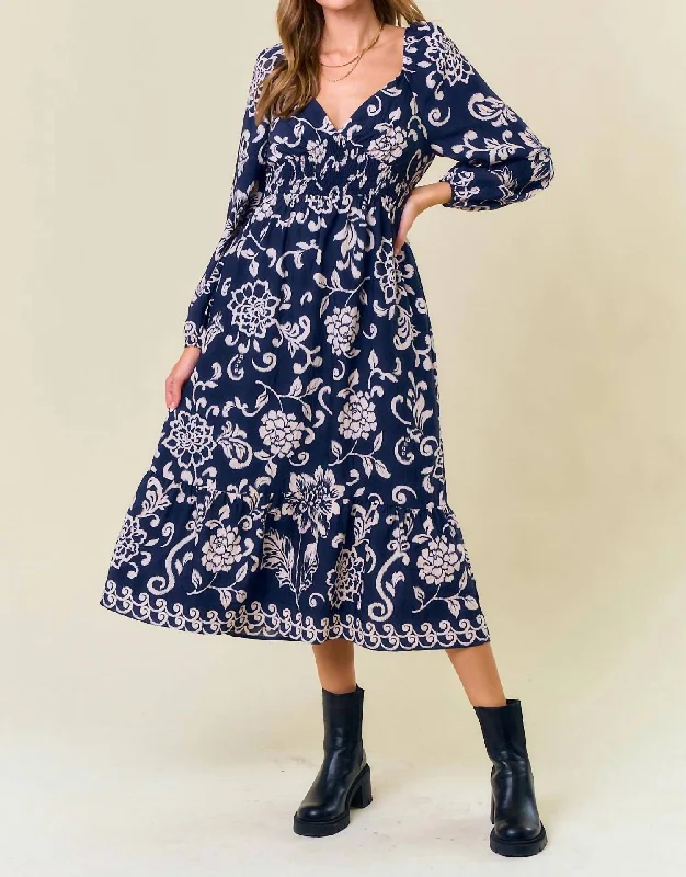 VNeckTopGriffinFloral Long Sleeve V-Neck Dress In Navy