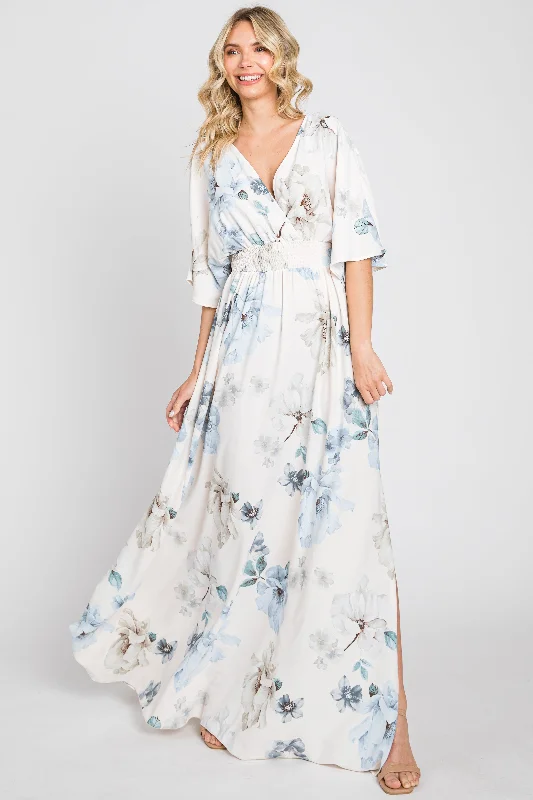 VNeckTopSphinxBlue Floral Double V-Neck Dolman Short Sleeve Side Slit Maxi Dress