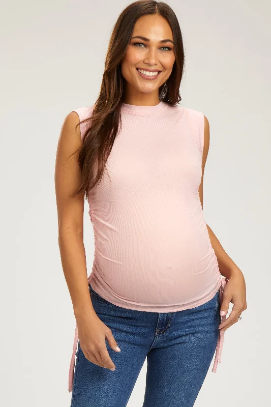 Light Pink Rib Knit Ruched Drawstring Maternity Tank TopTrail hoodie